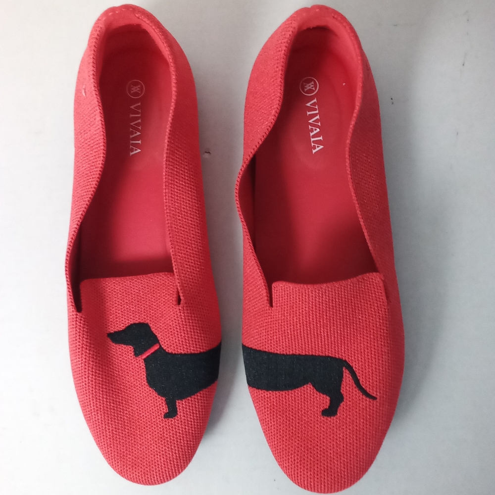 Vivaia Aubrey Loafers Dachshund Dog Design Coral Red Comfort 40.5 NWOT - Picture 4 of 9